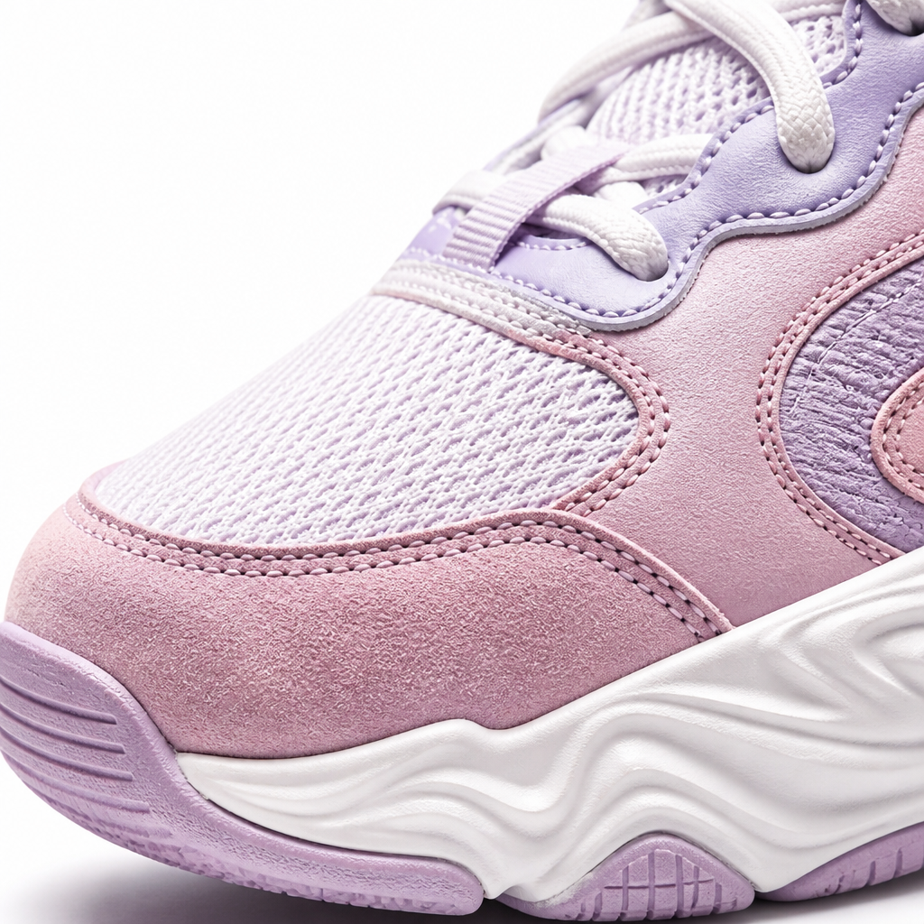 Macro detail of engineered knit and sculpted foam midsole